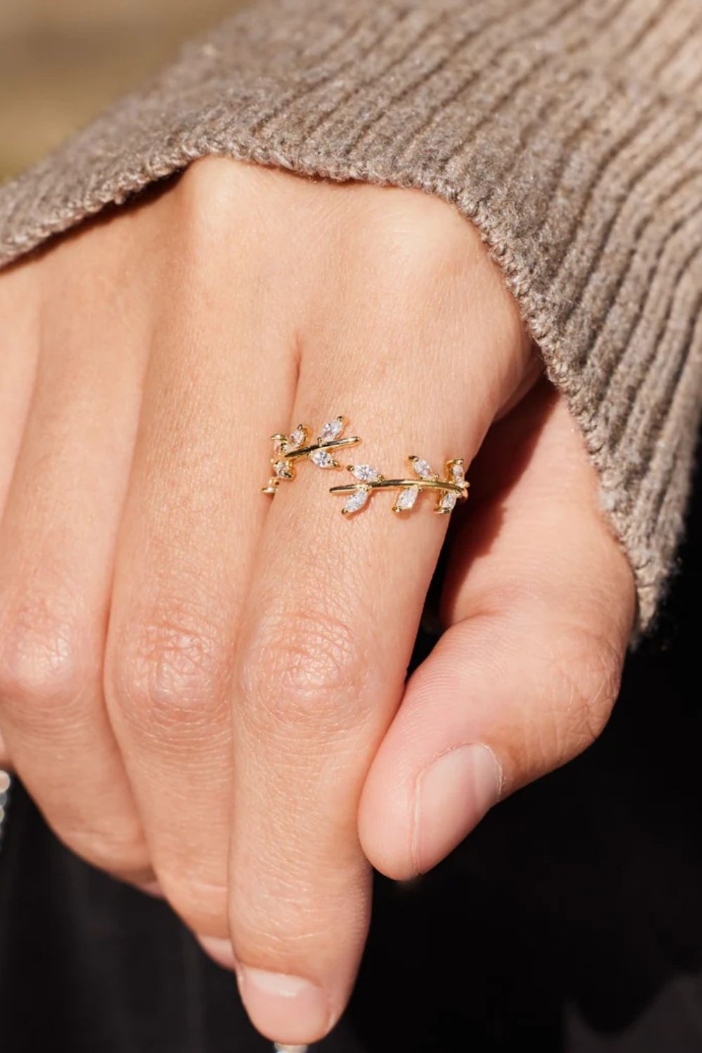 Zircon Leaf Open Ring 18K gold-plated Adjustable 925 Sterling Silver Jewelry 68093bf0-b578-4279-a015-16fadf0d773d-Max Trendsi