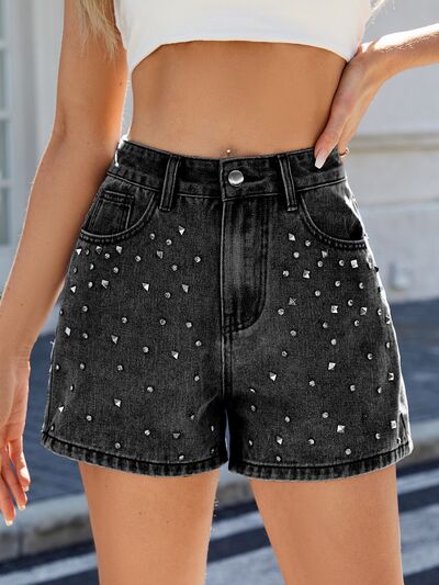 Moni Wear Denim Shorts Women's Rhinestone Washed High Waist Black 6810385d-a35c-4903-bf89-b14438ba2039-Min Trendsi