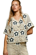 POL Button Front V-Neck Crochet Cardigan with Contrast Star