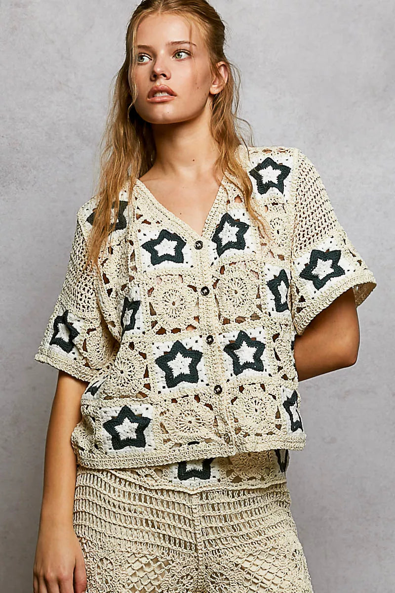 POL Button Front V-Neck Crochet Cardigan with Contrast Star