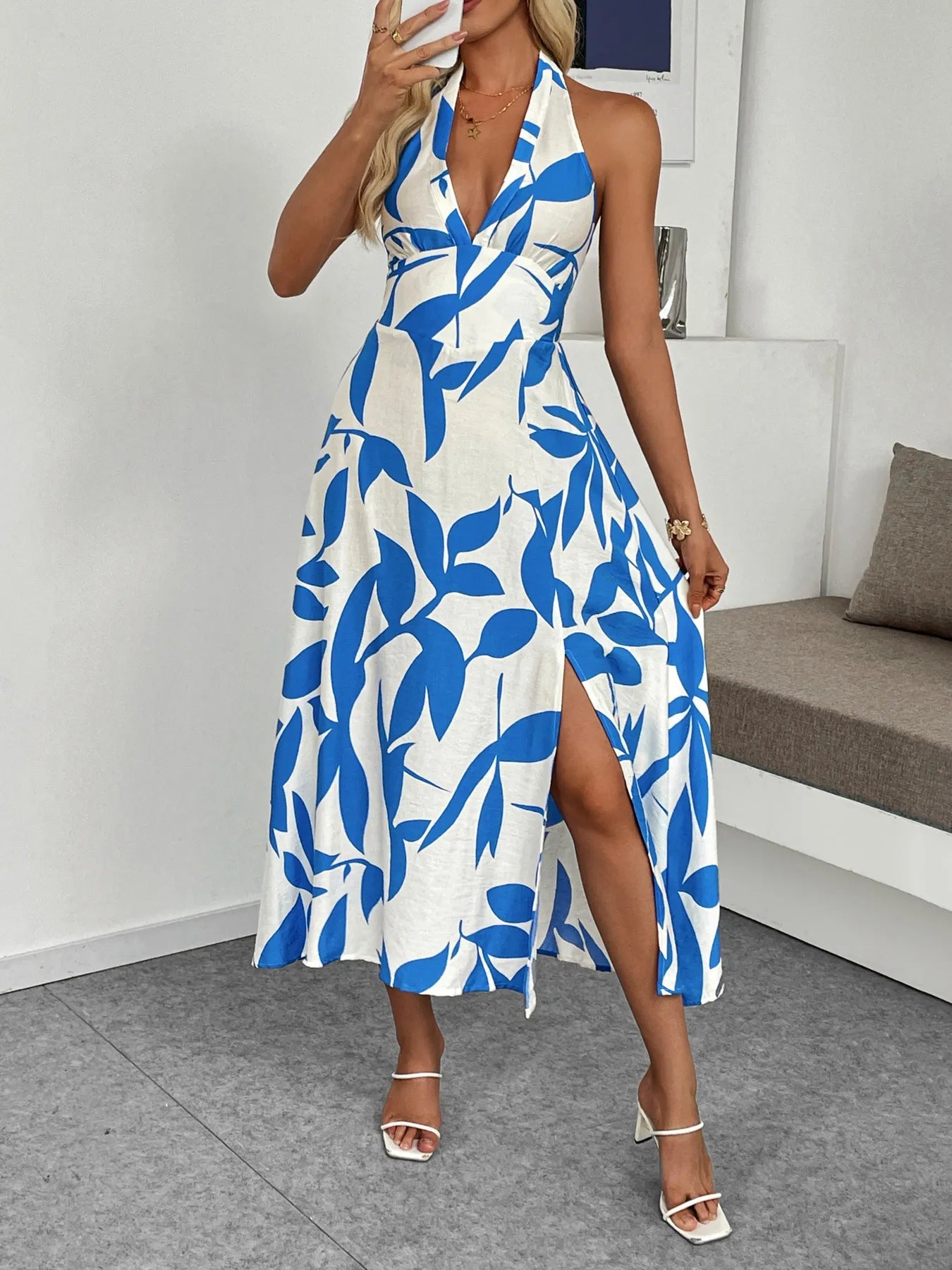 Midi Dress Blue Leaf Print Halter Neck Back Tied Backless Smocked 6818b262-198b-4ffb-be94-0e0c9982c48e-Max-Origin Trendsi