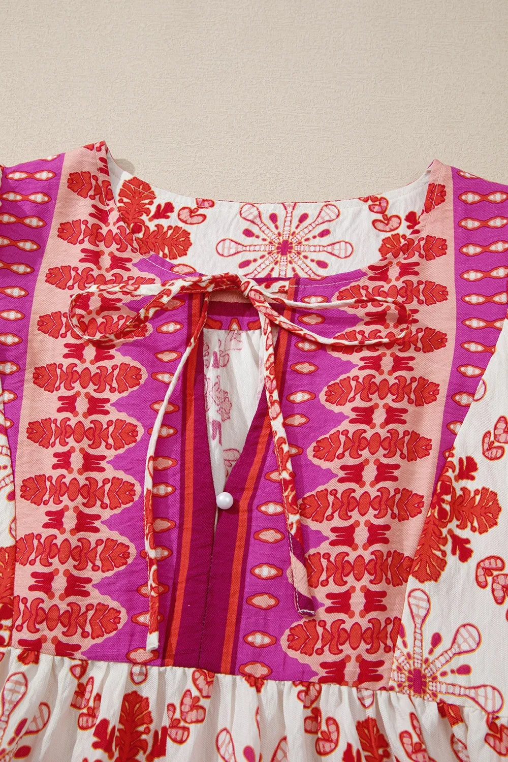 Boho Mini Dress Hot Pink Floral Short Sleeve Tie Neck 68202ebd-70d1-4507-b9fe-6f43cca9cb19-Max-Origin Trendsi