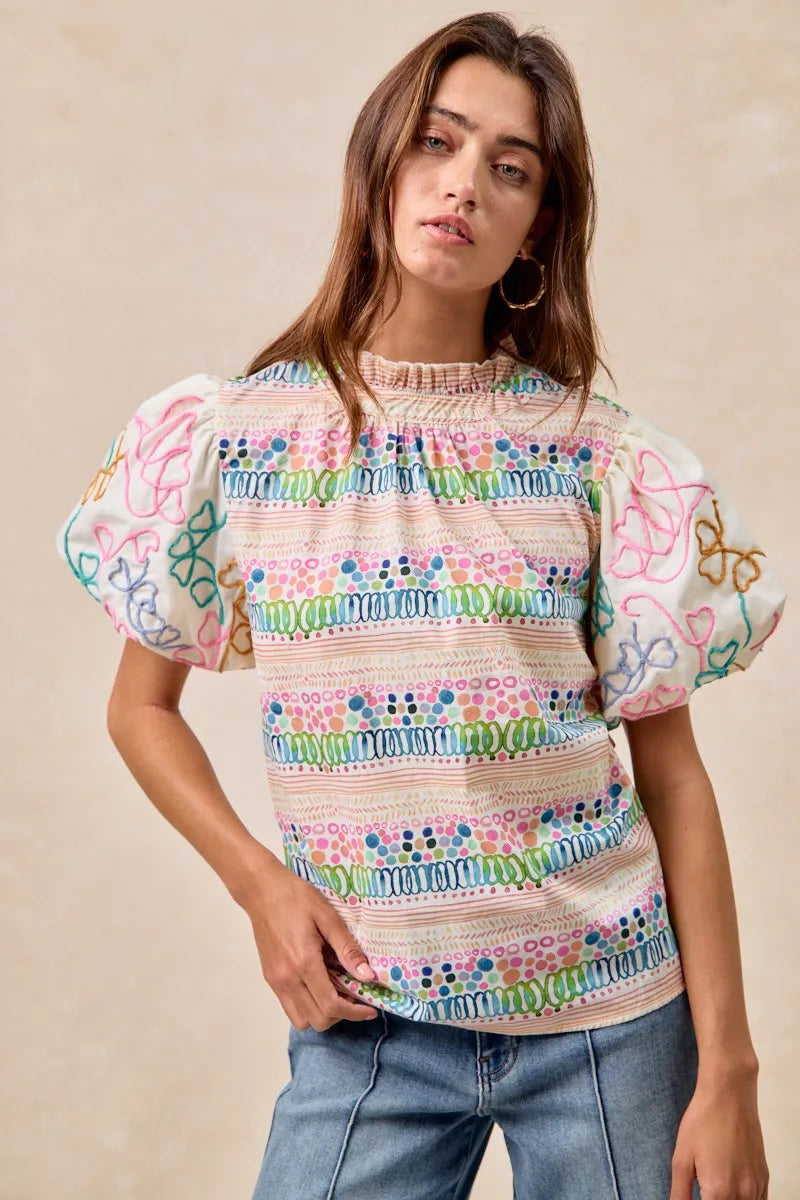 BiBi Blouse Multicolor Ruffle Neckline With Embroidery Bubble Short Sleeve Top 68226b18c84f4a7384bdbdc28b36402a-Max-Origin Trendsi