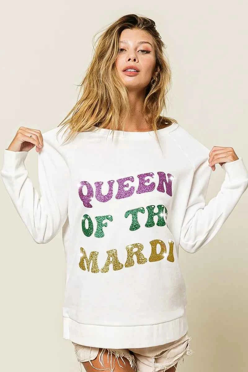 BiBi Women’s Mardi Gras Glitter Print Sweatshirt Queen of Mardi Casual Top