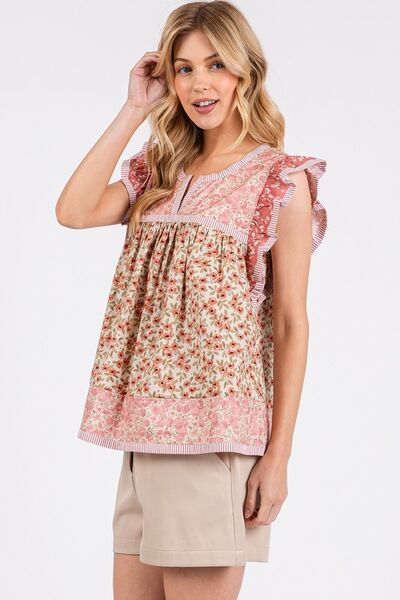 Mittoshop Floral Blouse Notched Ruffled Cap Short Sleeve Rose Pink 682d8fd1-c160-4421-8249-8d947e4f5c7b-Min Trendsi