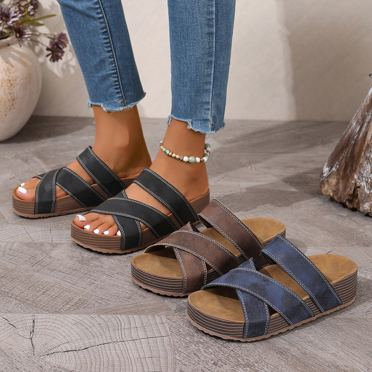 Open Toe Platform Sandals with PU Leather and Rubber Sole, Flats