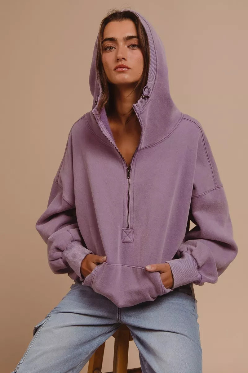BiBi Women's Fleece Hoodie Purple Stitch Detailed Elastic Hem Half Zip Top 683b8d69-43a4-4e64-a097-85baaac00a7c-Max-Origin Trendsi