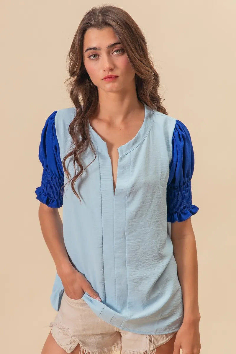 BiBi V Neck Top Air Flow Ruffled Blue Color Block Puff Short Sleeves 683d28c5e776487aa18362e5c646e8f3-Max-Origin Trendsi
