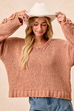 BiBi Womens Sweater Chunky Knit with Flower Detail Sleeves Peach 6847023d8f9e43d0a2d1820ad40d3287-Max-Origin Trendsi