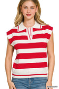 Zenana Viscose Striped Sweater Vest with Polo Collar