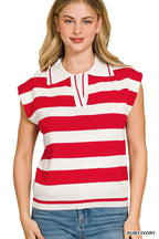 Zenana Viscose Striped Sweater Vest with Polo Collar