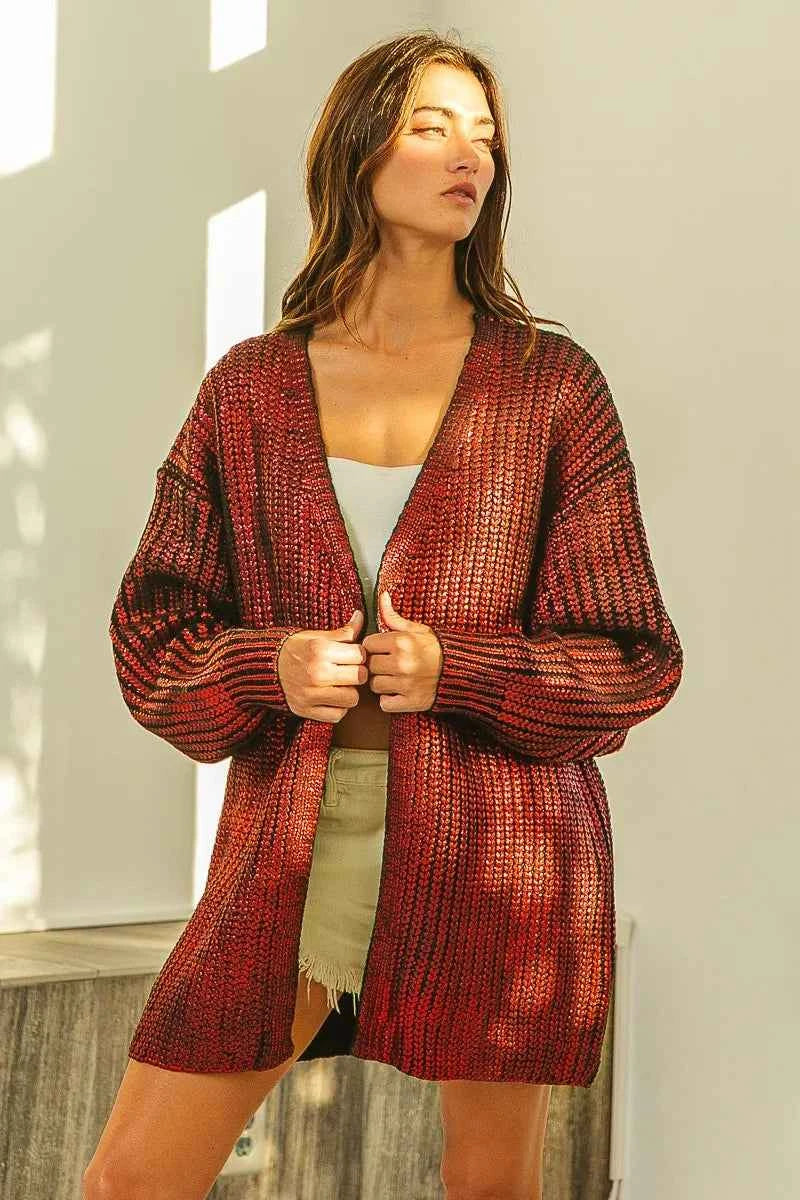 BiBi Metallic Knit V-neck Open Sweater Cardigan