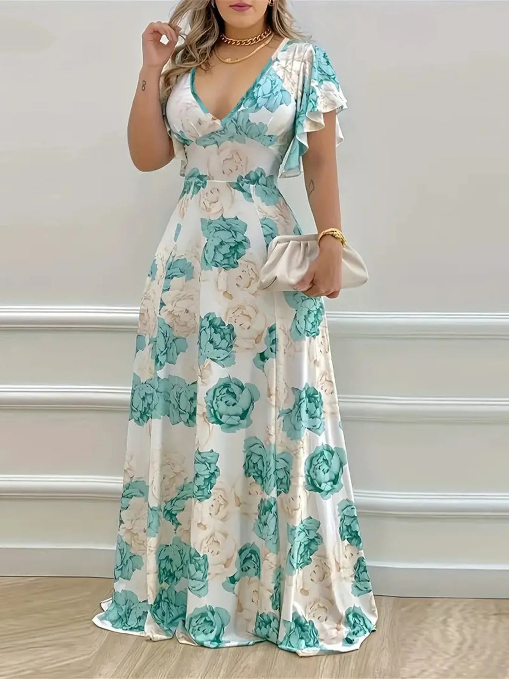 Plus Size Floral Print V-Neck Maxi Dress with Tiered Ruffles and Flutter Sleeves