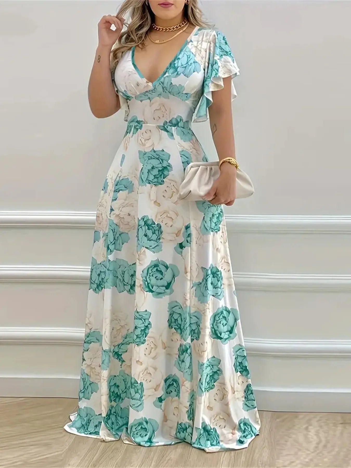 Plus Size Floral Print V-Neck Maxi Dress with Tiered Ruffles and Flutter Sleeves