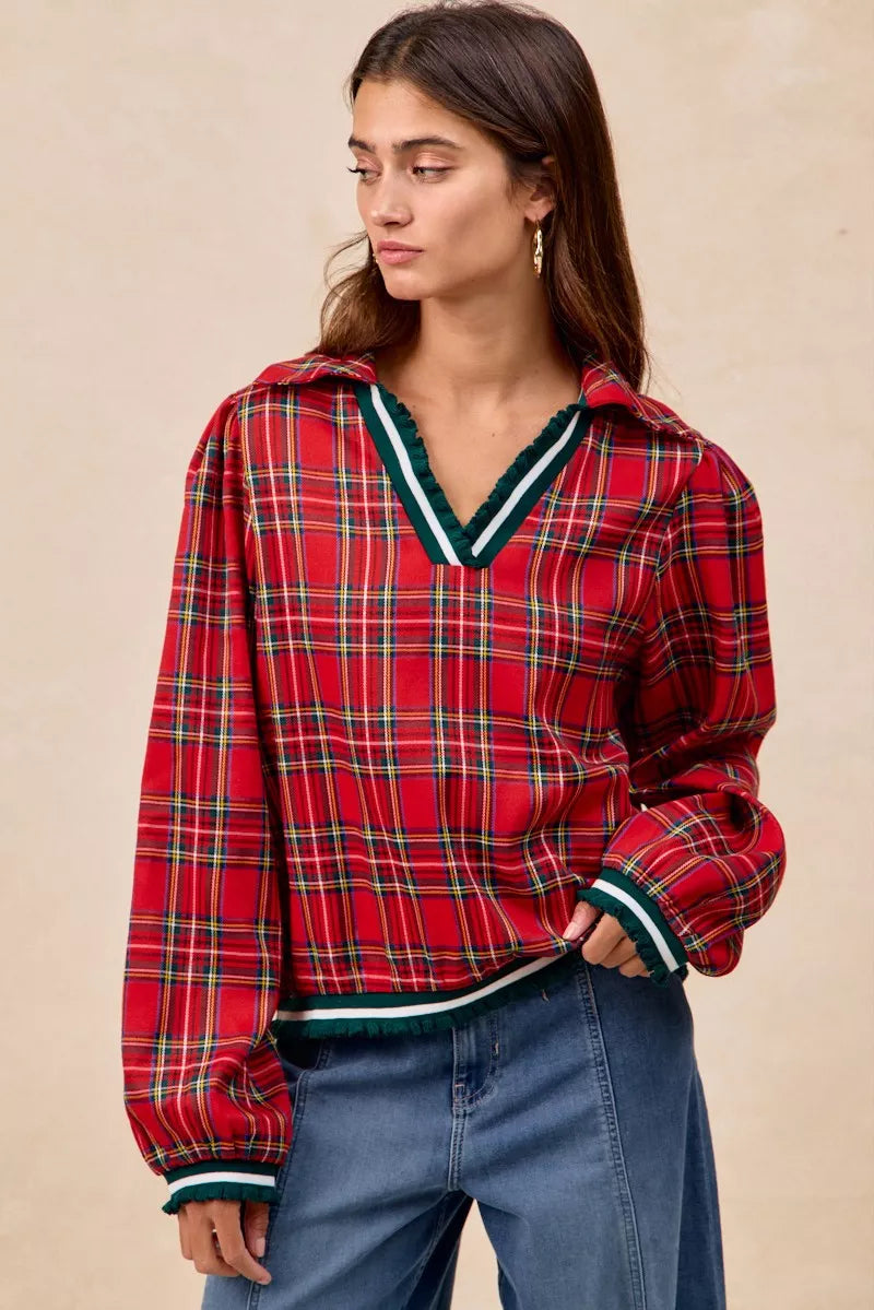BiBi Christmas Womens Blouse Red Plaid Collared Top with Ruffled Detail 685f610c5bf14f9588548cd1be34f96e-Max-Origin Trendsi