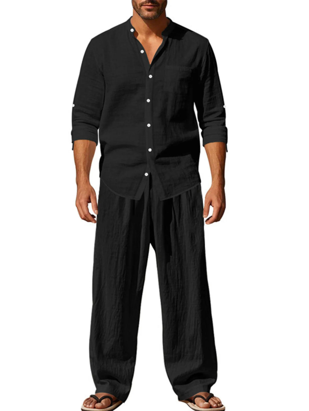 Men's Outfit Set Button Up Shirt Long Sleeve Lightweight and Pants Two-piece Black 6861cafcd0de4c418b4e190f722c4446-Max-Origin Trendsi
