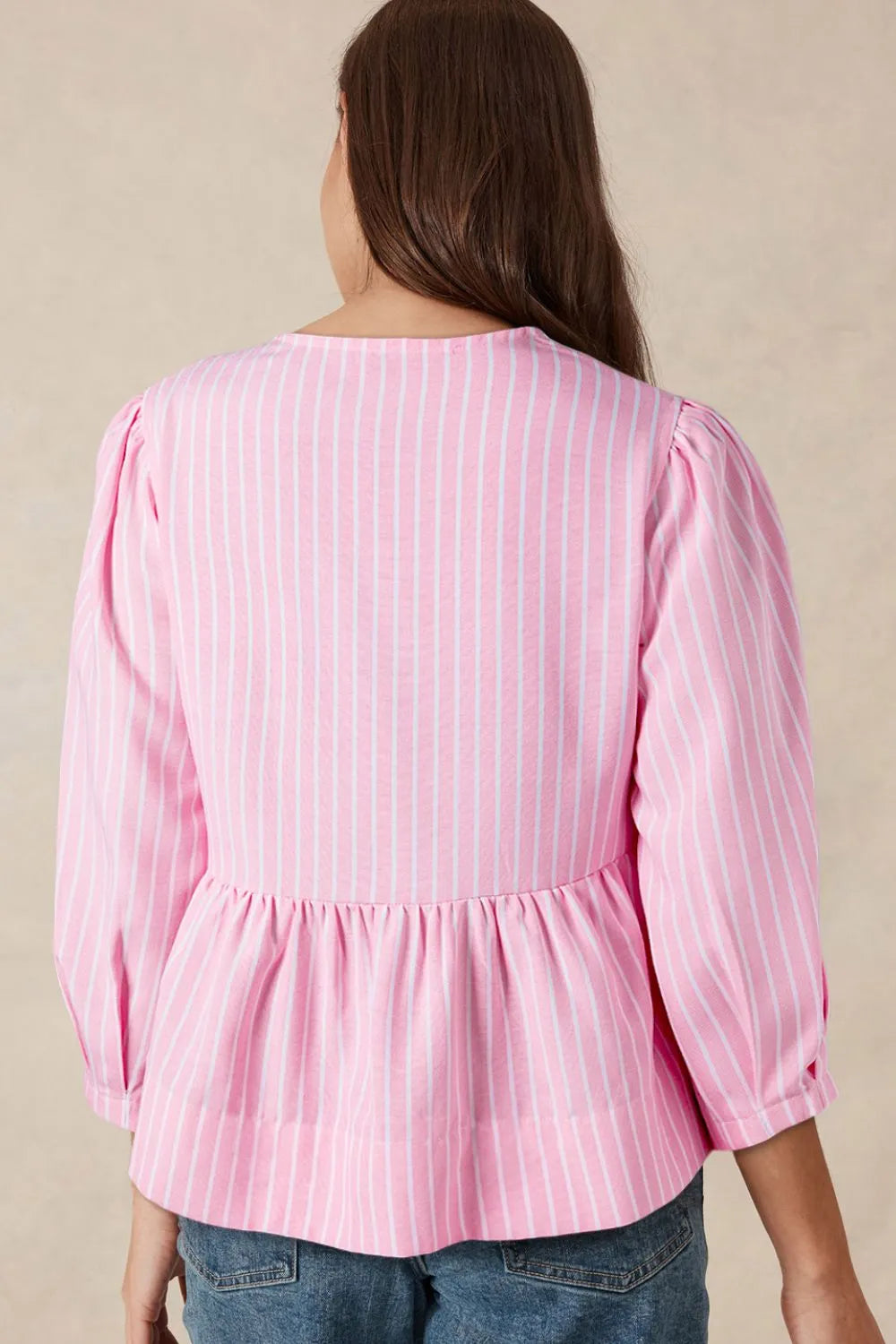 Women's Blouse Striped Blush Pink Bow Tie Front Peplum Long Sleeve Top 68625201-2b71-4c86-94e4-7e78109fc25d-Max-Origin Trendsi