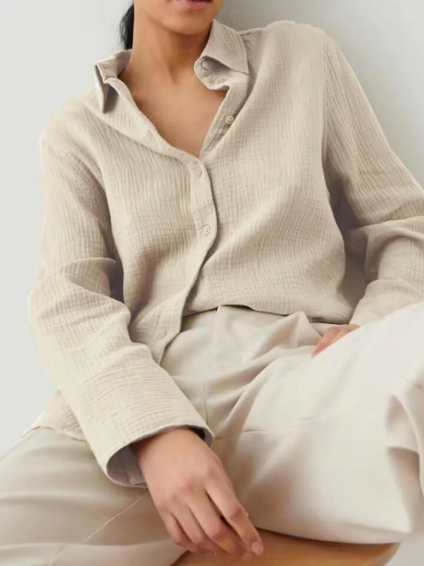 Women's Shirt Texture Oversized Button Up Long Sleeve Top Apricot 6866d0a0-346d-4159-a296-c19a5bb1ec20-Max-Origin Trendsi