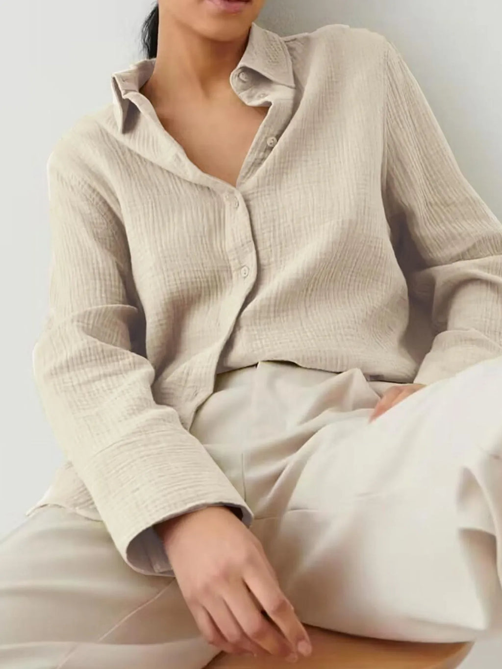 Women's Shirt Texture Oversized Button Up Long Sleeve Top Apricot 6866d0a0-346d-4159-a296-c19a5bb1ec20-Max-Origin Trendsi