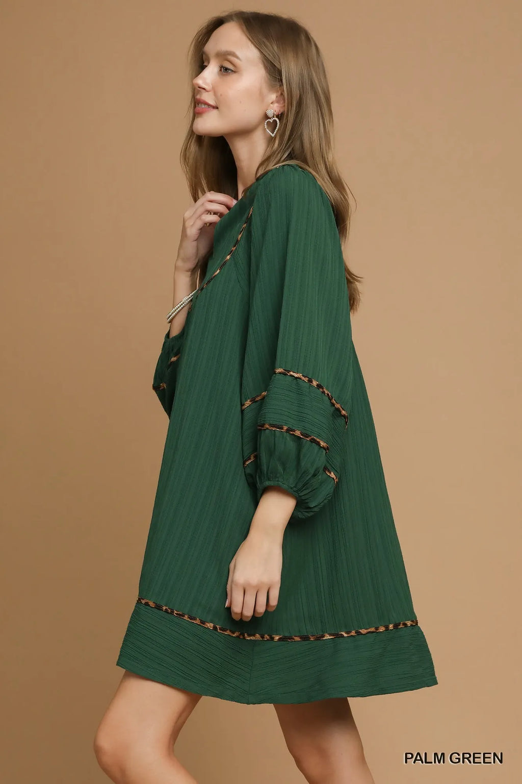 Umgee Babydoll Dress Green Textured Contrast with Leopard Trim Long Sleeve 6868ea3b-b5f9-455c-b7cc-8010eb1bd3ca-Max-Origin Trendsi