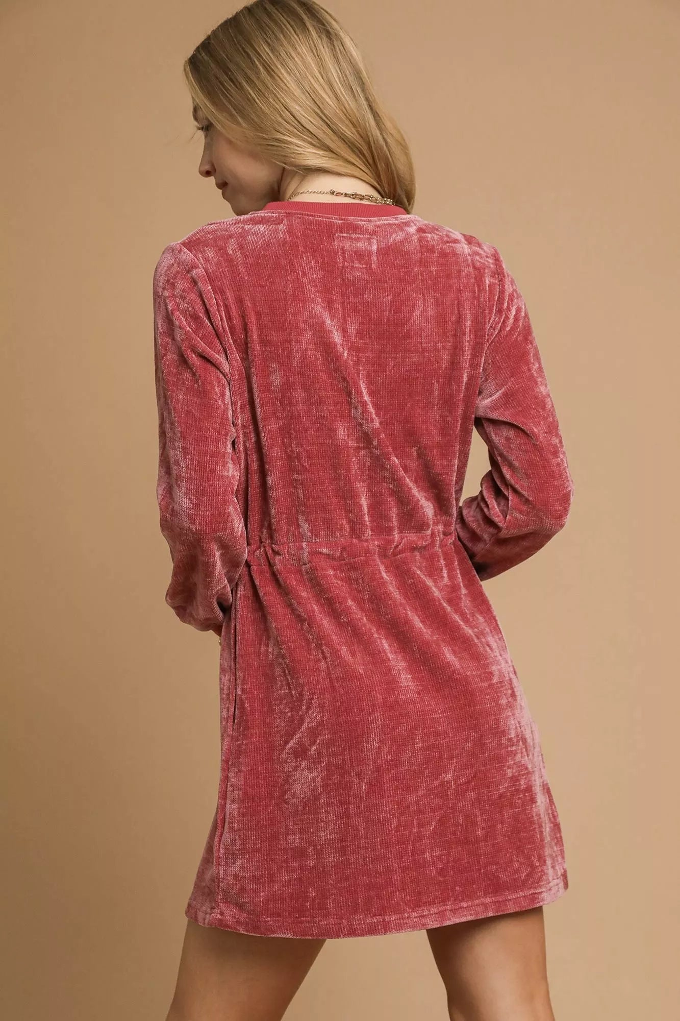 Umgee Mini Dress Velour Burgundy Long Sleeves Drawstring Waist 6873e534-12f7-4e55-ba86-667d10604db7-Max-Origin Trendsi