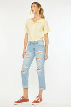 Kancan Boyfriend Jeans Women's Mid Rise Distressed Light Washed 6873f5074d594bb281dfcde52e8bbfcd-Max-Origin Trendsi