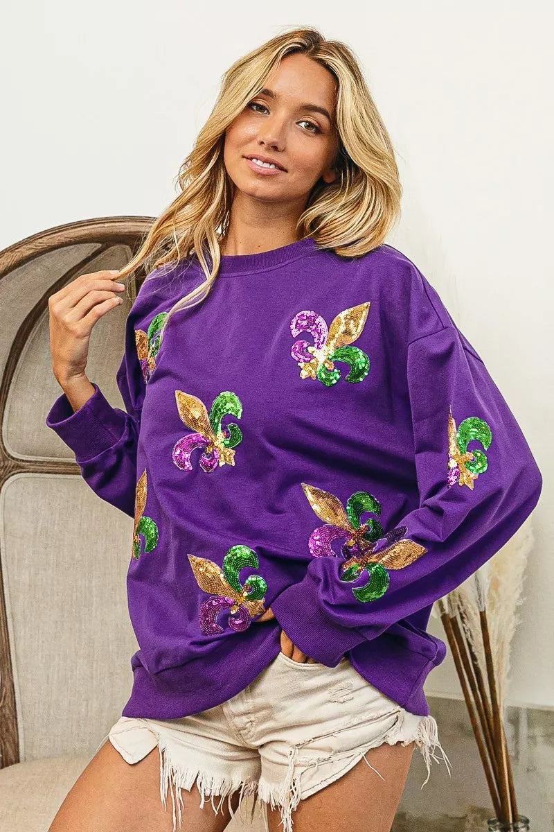 BiBi Sweatshirt Purple Mardi Gras Fleur De Lis Sequin Patches Long Sleeve Top 688085c0931146e98fa4c732d654690b-Max-Origin Trendsi
