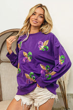 BiBi Sweatshirt Purple Mardi Gras Fleur De Lis Sequin Patches Long Sleeve Top 688085c0931146e98fa4c732d654690b-Max-Origin Trendsi