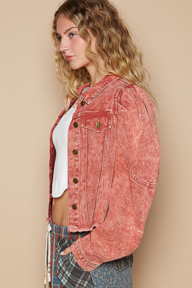 POL Cropped Denim Jacket Brick Red Raw Hem Button Up Long Sleeve 688f7b81-a870-4d80-b8ca-dd95d962a2bc-Max Trendsi