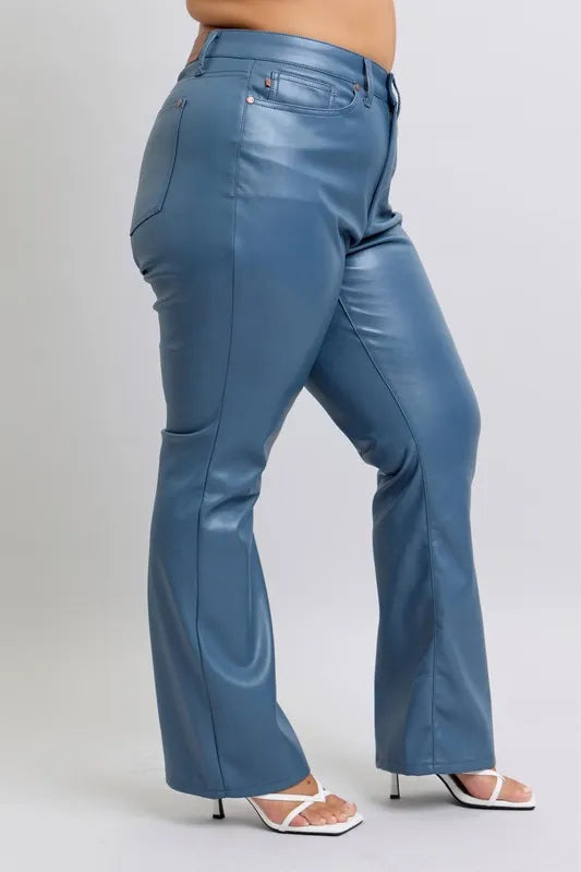 Judy Blue Faux Leather Blue Bootcut Pants High Waist Tummy Control 6899a81c-c5a8-4da0-8984-f310b910c8b7-Max-Origin Trendsi
