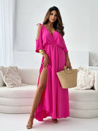 Maxi Summer Dress V Neck Tied Shoulder Slit Short Sleeve High Waisted 68a3b1ff-8973-4f7a-b6b6-ddd24d2764d3-Max-Origin Trendsi