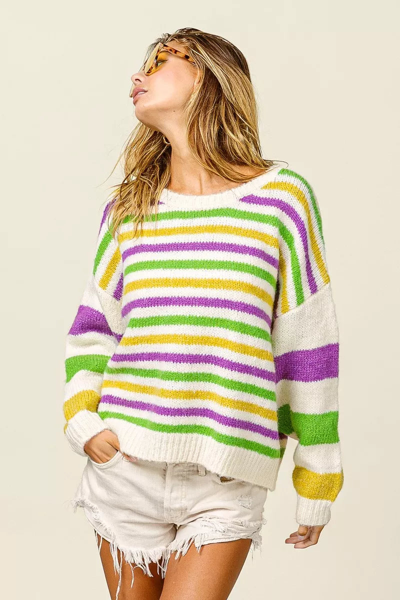 BiBi Womens Sweater Mardi Gras Colors Stripe Comfy Knit Pullover 68a65a2eb6da4225865be85ec2b5e4d2-Max-Origin Trendsi