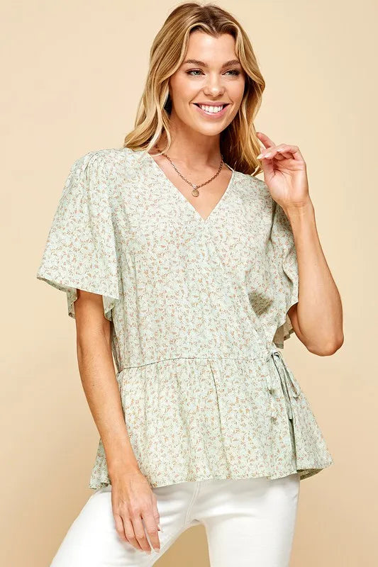 Lime 'N' Chili Wrap Blouse Ditsy Print V-Neck Short Sleeve SAGE GINGER 68a86adedfdb45878ccd911b22eb4cde-Max-Origin Trendsi