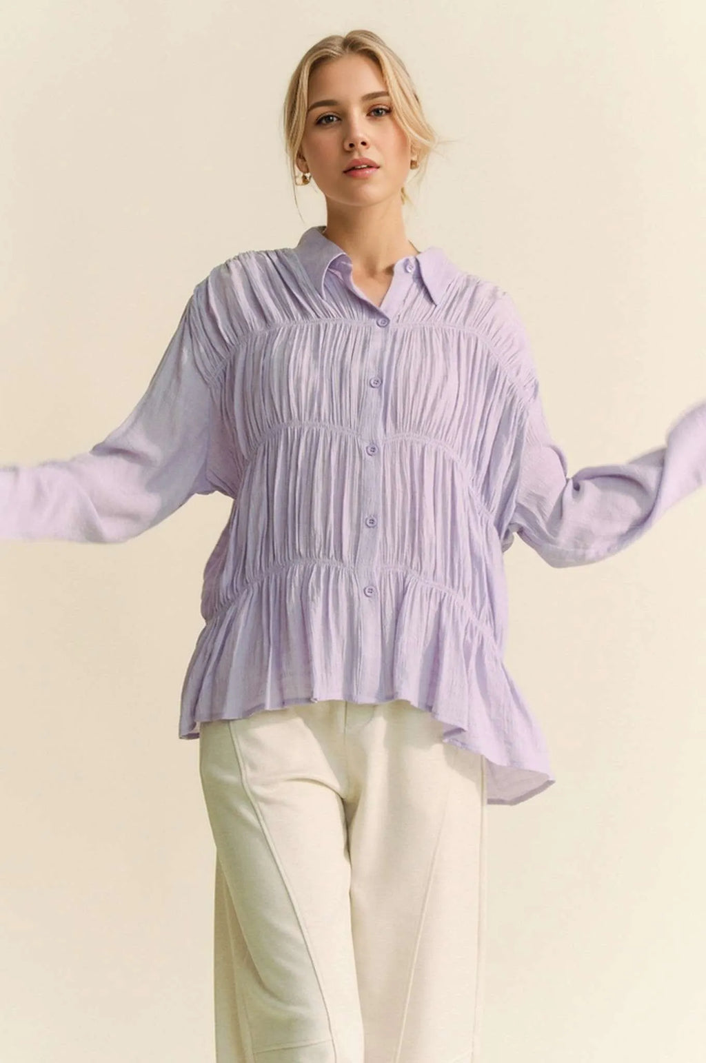 Davi & Dani Women's Shirt Ruched All Over Button Front Long Sleeve Top LILAC 68bc9ab314784fe285e5369551a9fed6-Max-Origin Trendsi