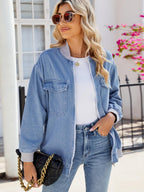 Denim Jacket Pocketed Zip Up Baseball Collar Long Sleeve Outwear 68c7c346-7f3a-4561-9019-237b87d40b09-Max Trendsi