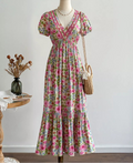 Floral Print V-Neck Puff Sleeve Dress