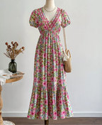 Floral Print V-Neck Puff Sleeve Dress