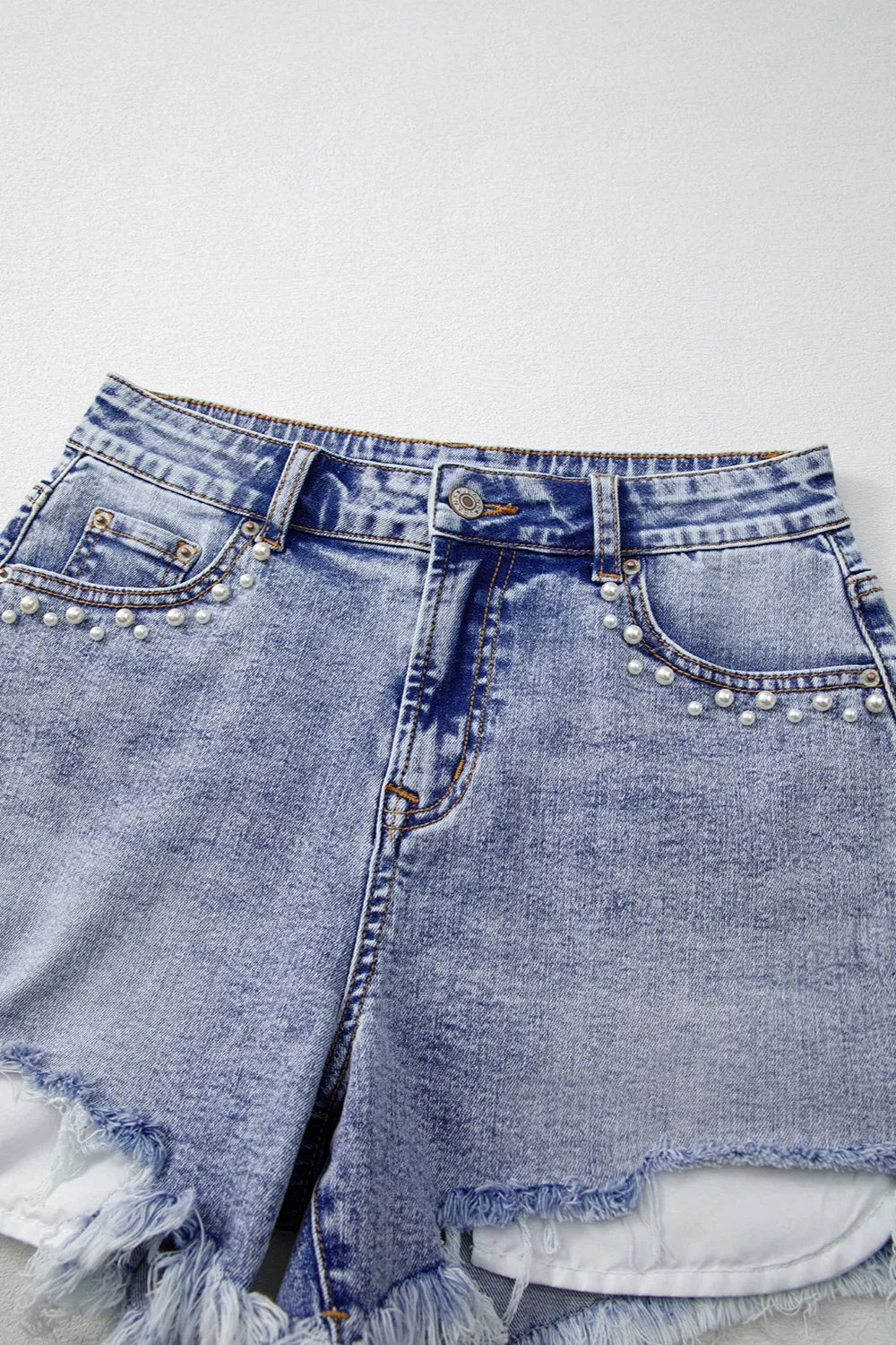 Denim Shorts Pearl Studded Pockets Raw Hem Light Blue 68d2847b-388e-4e55-a7a8-0f2d039dc6a7-Max-Origin Trendsi