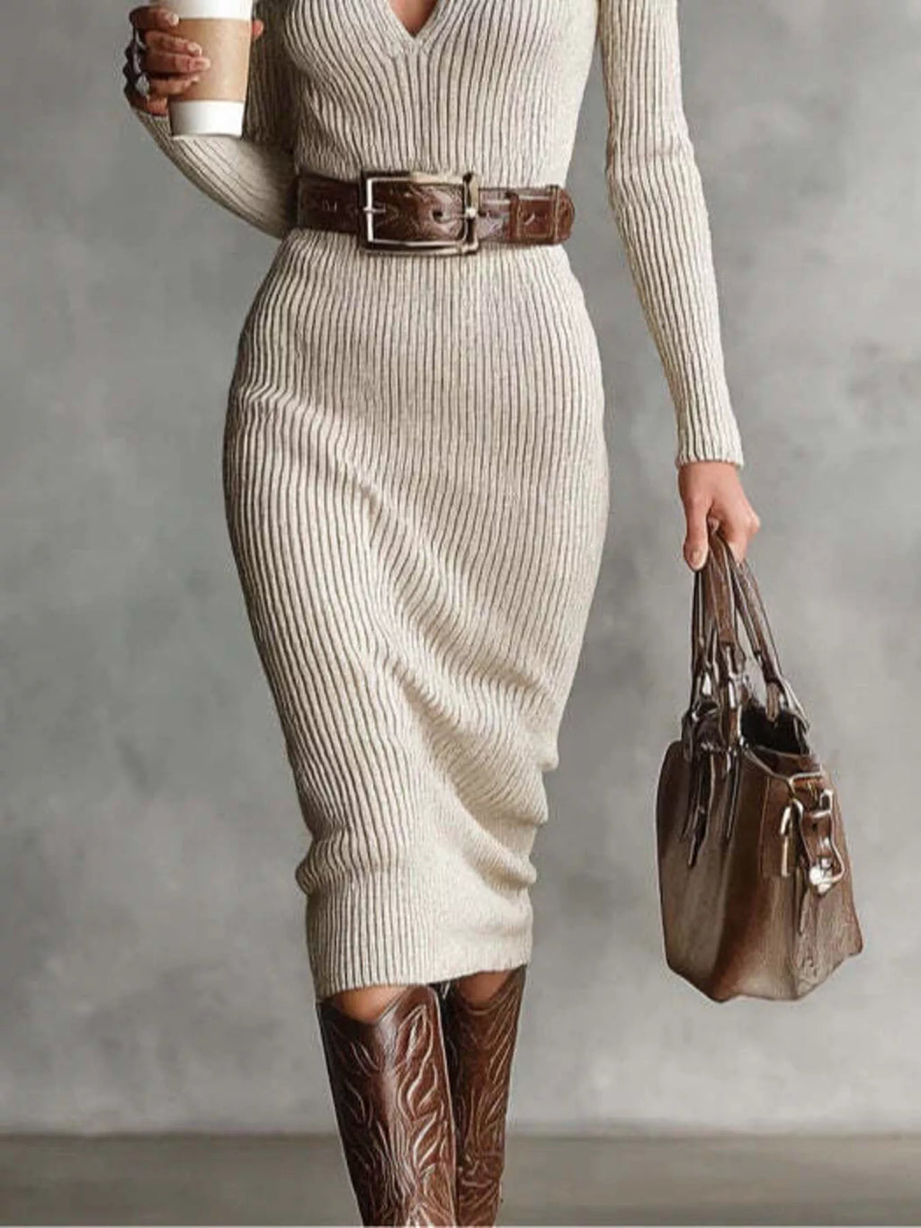 Modèle portant une robe tricotée côtelée beige à col V, manches longues, ceinture boucle argentée, bottes western et sac main sur fond gris