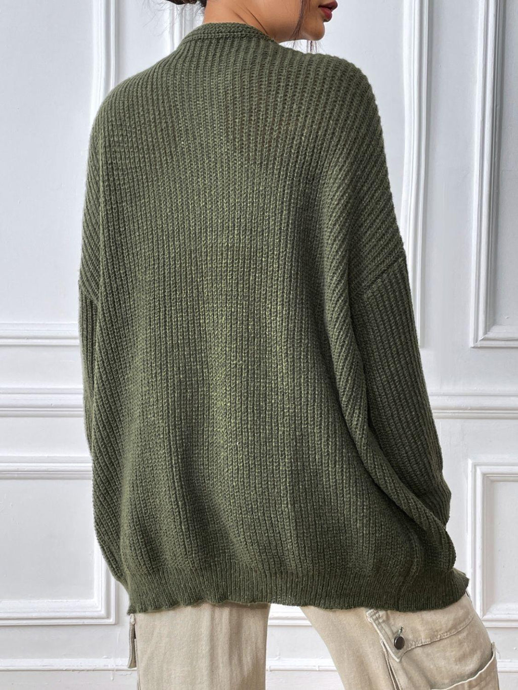 Army Green Cardigan Open Front Long Sleeve Knitwear 68da3152-044c-41e8-8db7-a869f96e0e93-Max Trendsi
