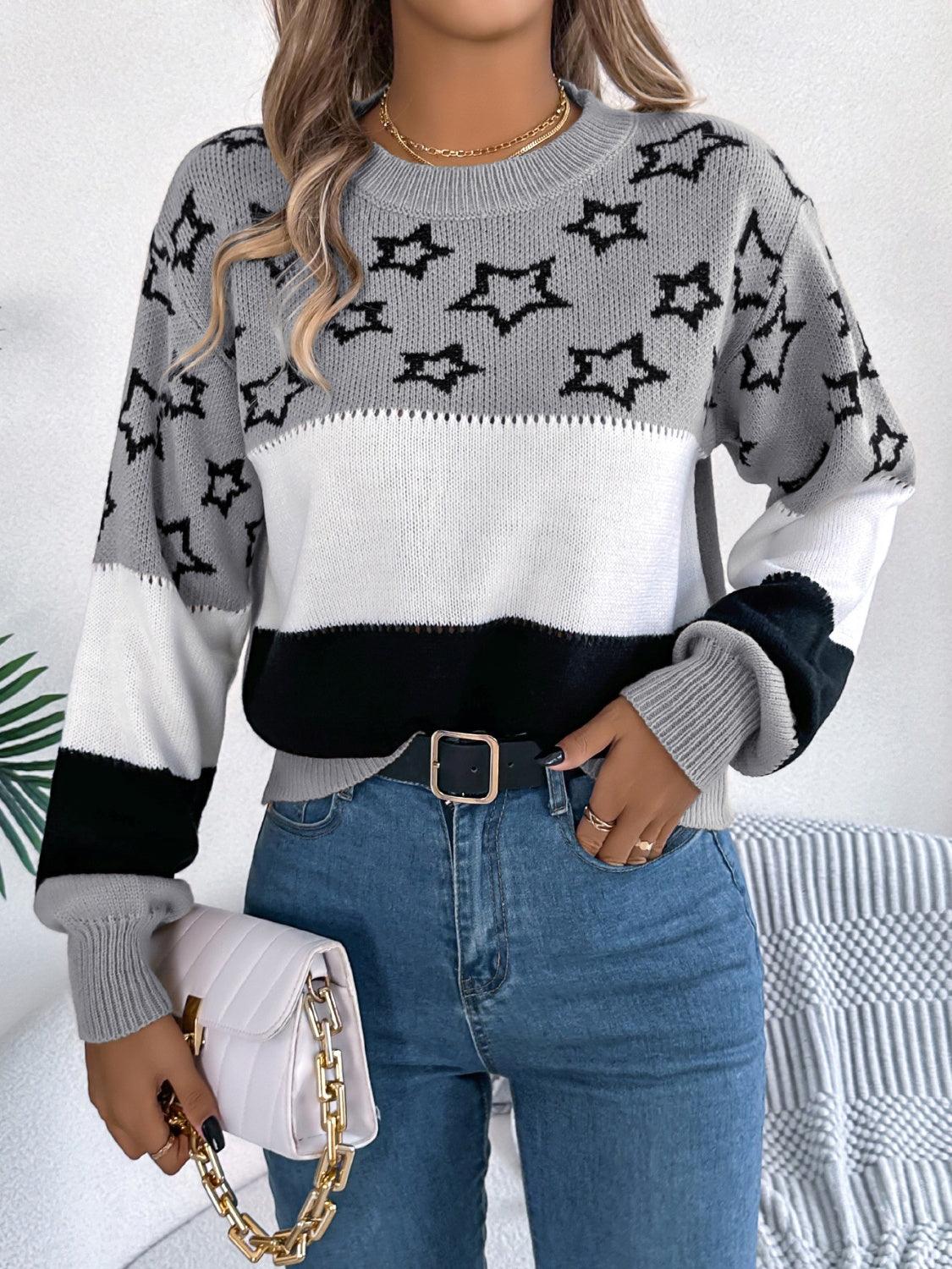 Sweater Star Contrast Round Neck Long Sleeve Knitwear 68dee43c-66a1-418a-9797-7ec014033331-Max Trendsi