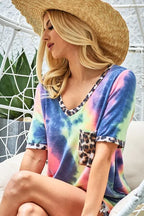 BiBi Tie Dye Print Womens T-shirt V Neck Top With Front Leopard Patch Pocket 68df35ffec7148a09da99ffcd14c12e8-Max-Origin Trendsi