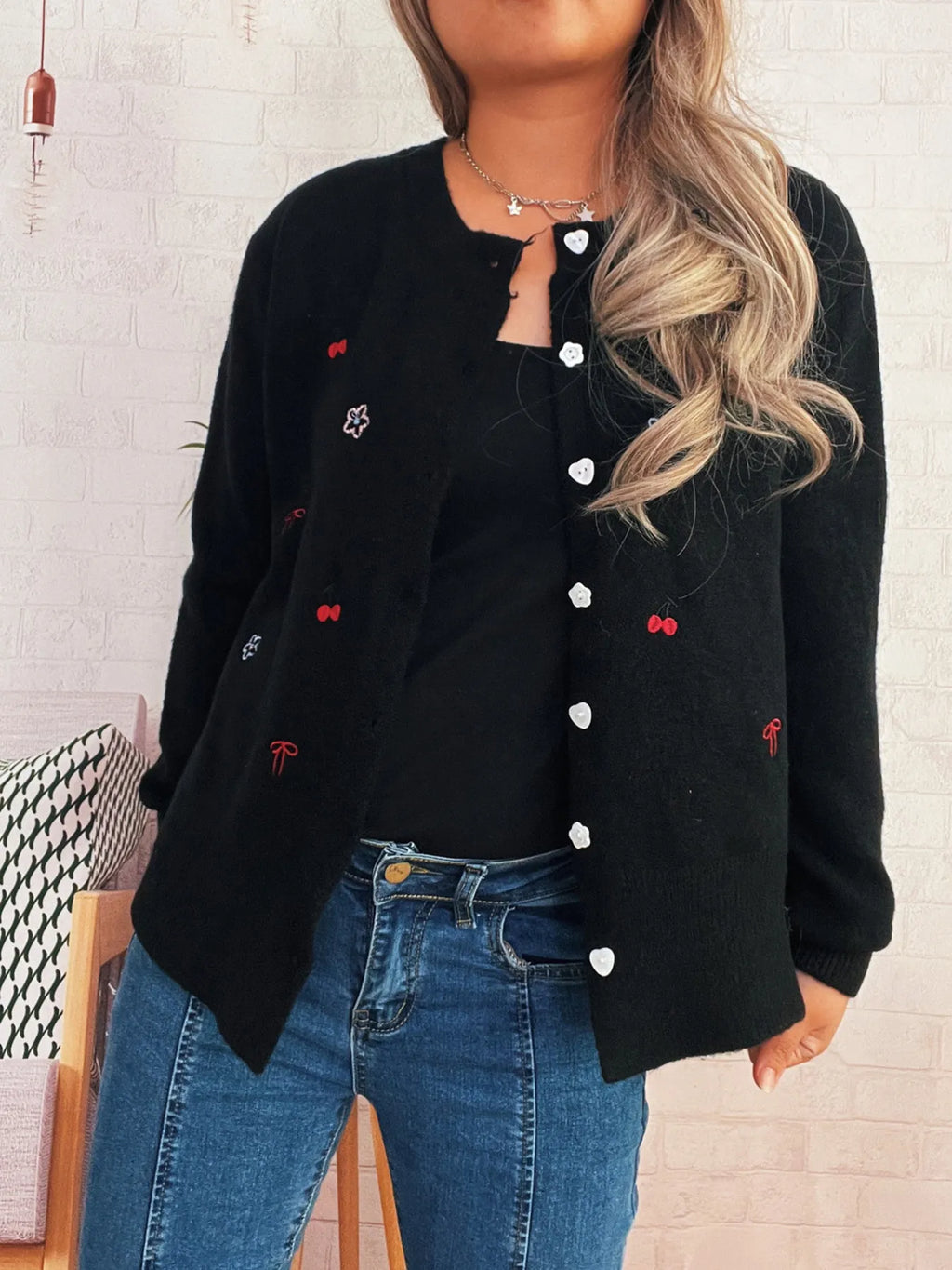 Women's Cardigan Ribbed Button-Front Knit Embroidered Long Sleeve 68e0482af1ab4033946840e5480e7881-Max-Origin Trendsi