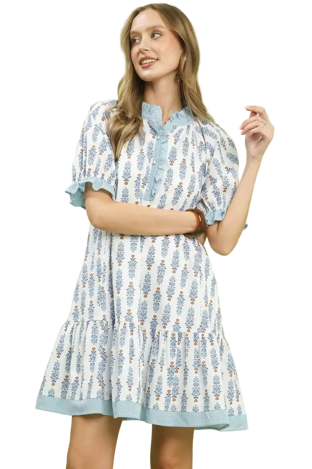 Umgee Floral Mini Dress with Striped Trim and Tiered Ruffle Design