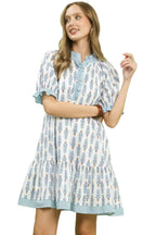 Umgee Floral Mini Dress with Striped Trim and Tiered Ruffle Design