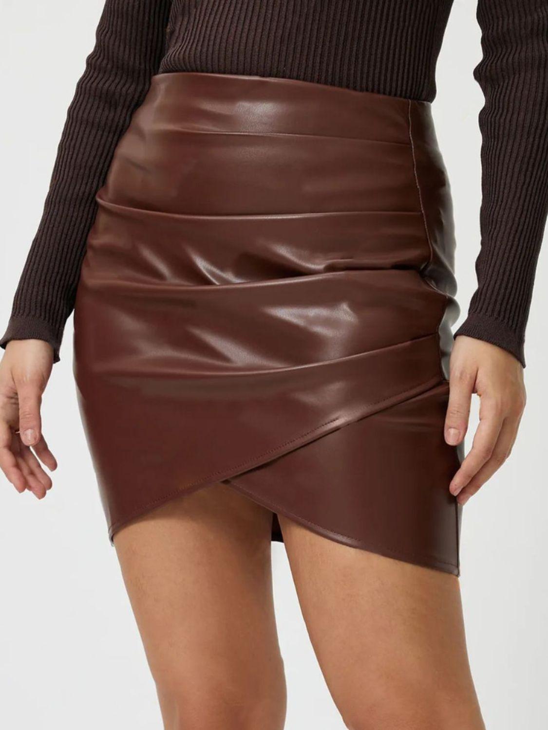 Leather Mini Skirt Ruched Asymmetrical Hem Back Zipper 68e986ec-7896-46cc-b9ed-19ae48d0cbe3-Max Trendsi