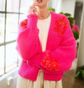 Davi & Dani Cardigan Floral Applique Open Front Hot Pink Oversized Soft Sweater Hot Pink 68eb4e67-a013-434b-a9bd-89fc903f613a-Max Trendsi