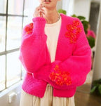 Davi & Dani Cardigan Floral Applique Open Front Hot Pink Oversized Soft Sweater Hot Pink 68eb4e67-a013-434b-a9bd-89fc903f613a-Max Trendsi