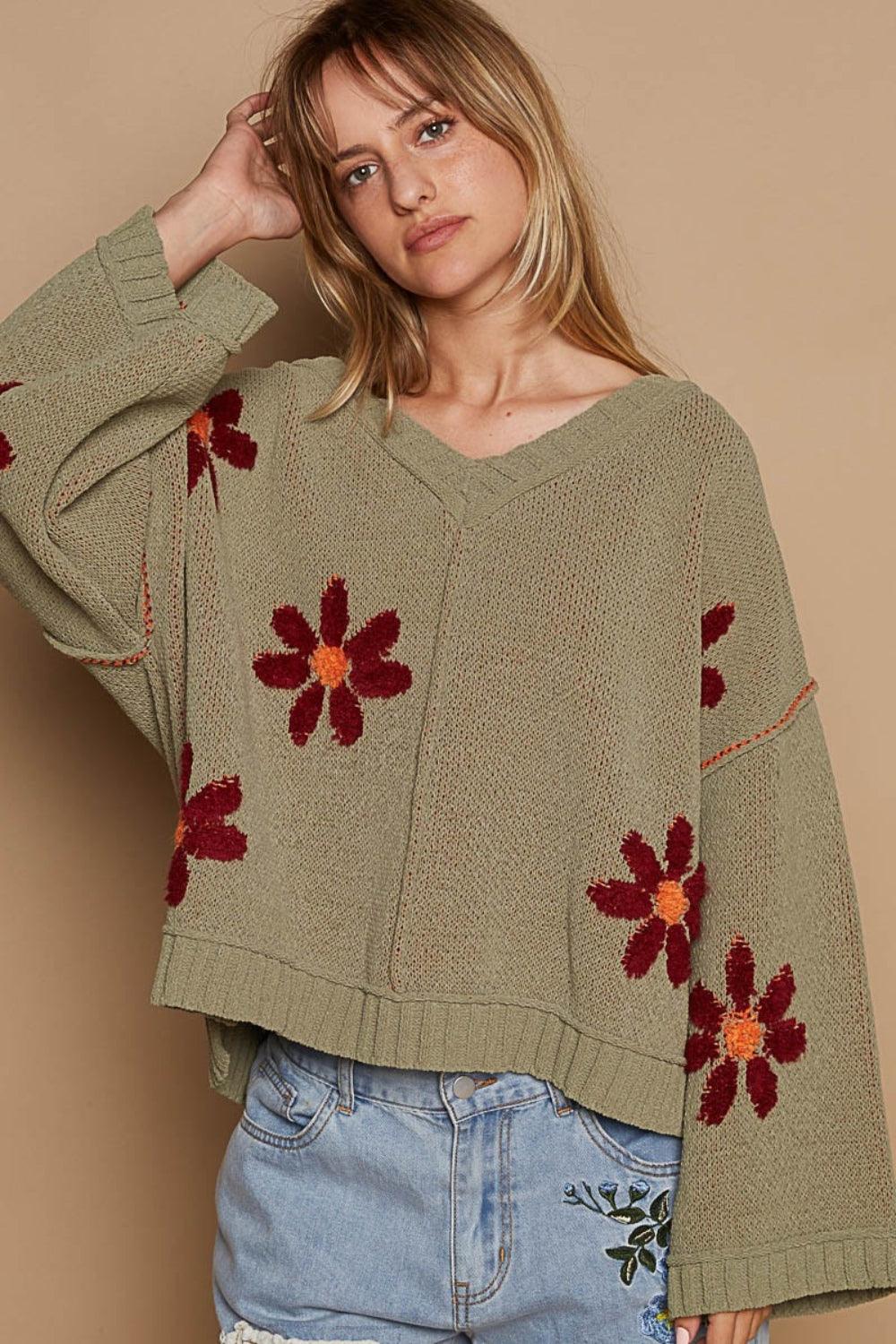 POL Sweater V-Neck Floral Pattern Chenille Long Sleeve Oversized 68ecef1a-eefe-41de-9654-ea8756334f18-Max Trendsi