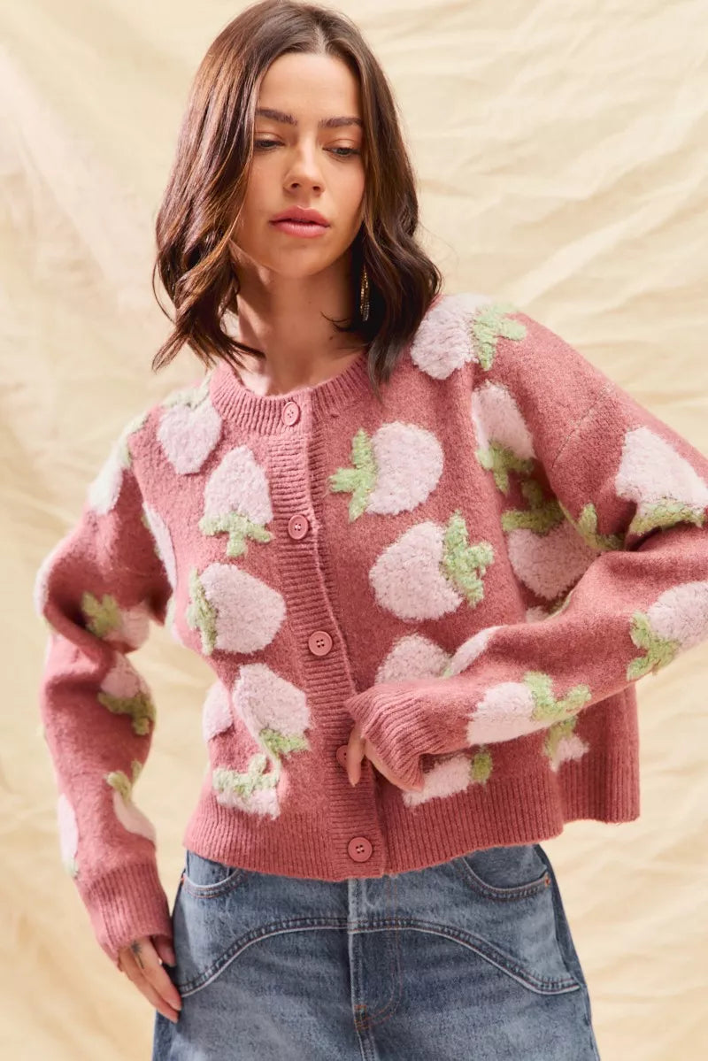 SO ME Womens Cardigan Strawberry Fruit All Over Button Sweater 68f35b0fdd6d43568c236364ccd279a5-Max-Origin Trendsi